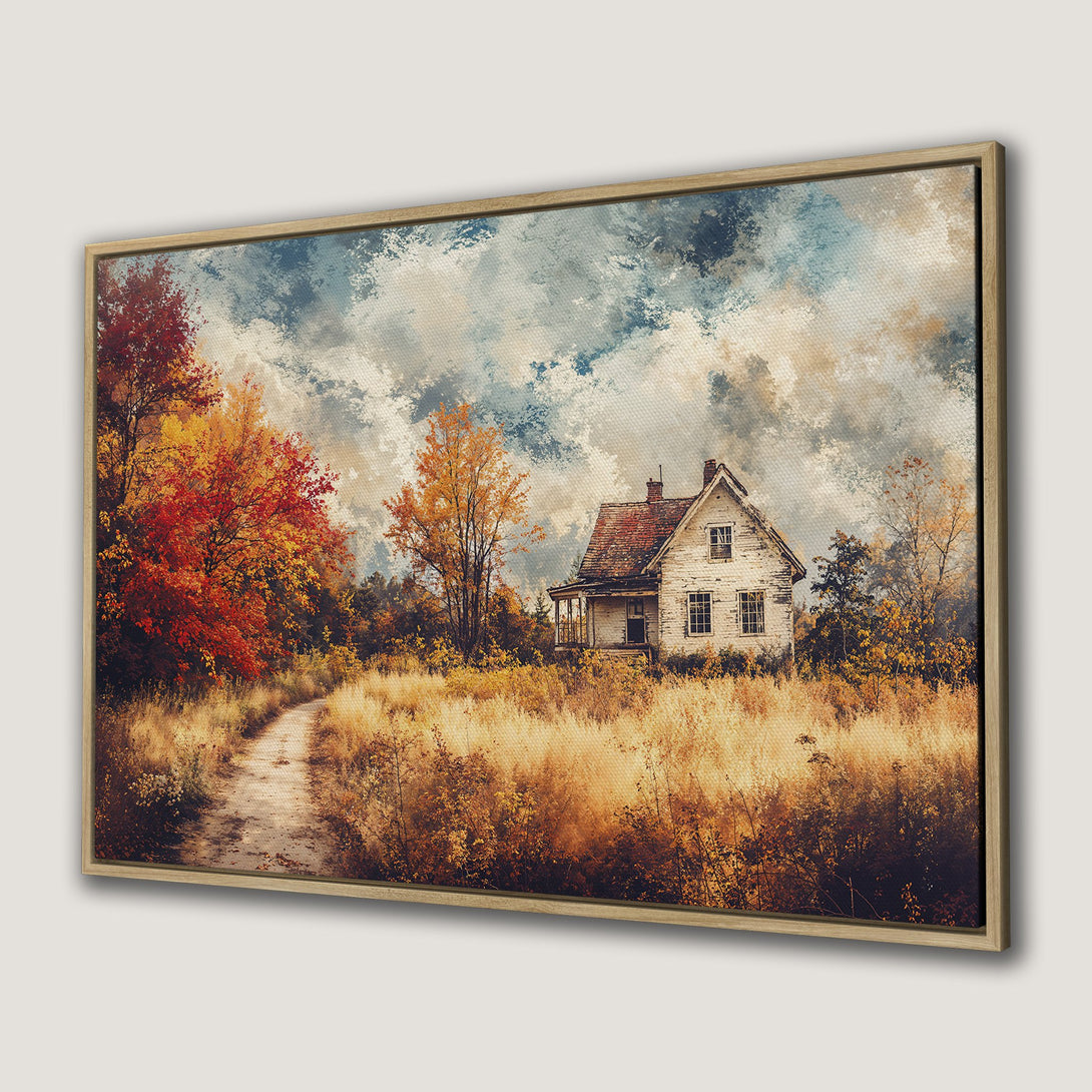 Framed Wall Art: Rustic landscape Canvas Print with a farmhouse, warm autumn colors, and a painterly style. Perfect for cozy decor.