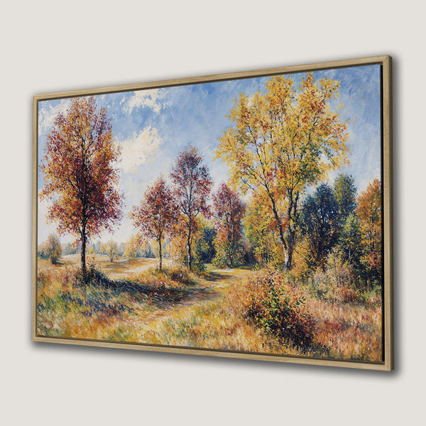 Canvas Print of an autumn landscape painting with warm yellows, oranges, and reds. Perfect framed wall art for any home decor.