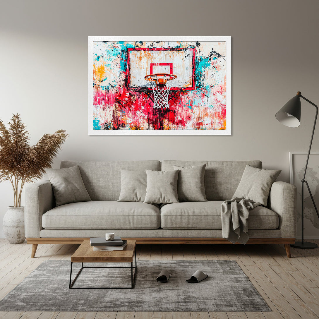 Framed Poster of a basketball hoop in abstract style, featuring vibrant red, blue, and yellow paint splashes. Perfect wall art!