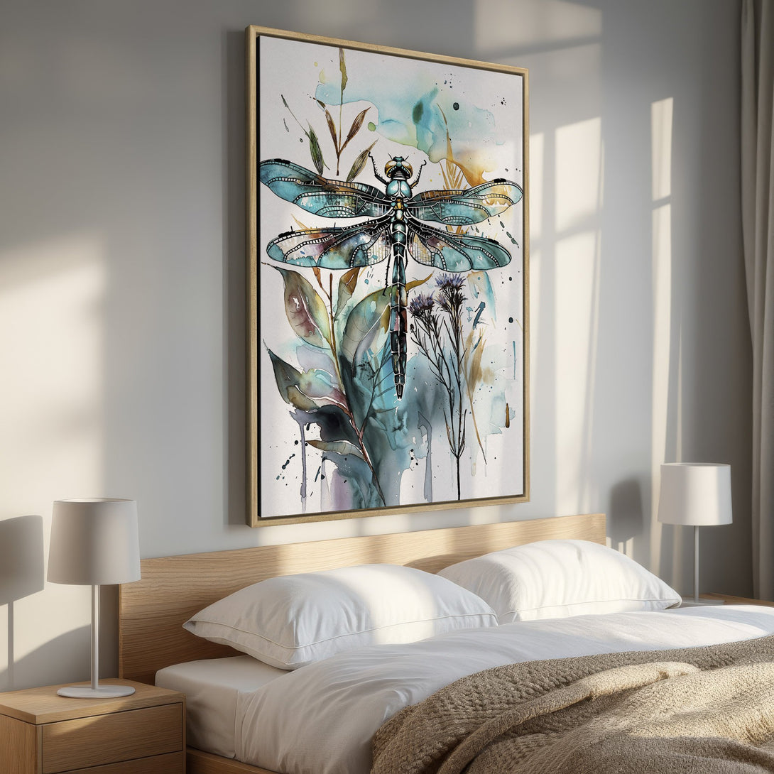 Framed Wall Art: Watercolor dragonfly print in blue and green hues. Adds a touch of nature and modern art to your bedroom decor. Shop now!