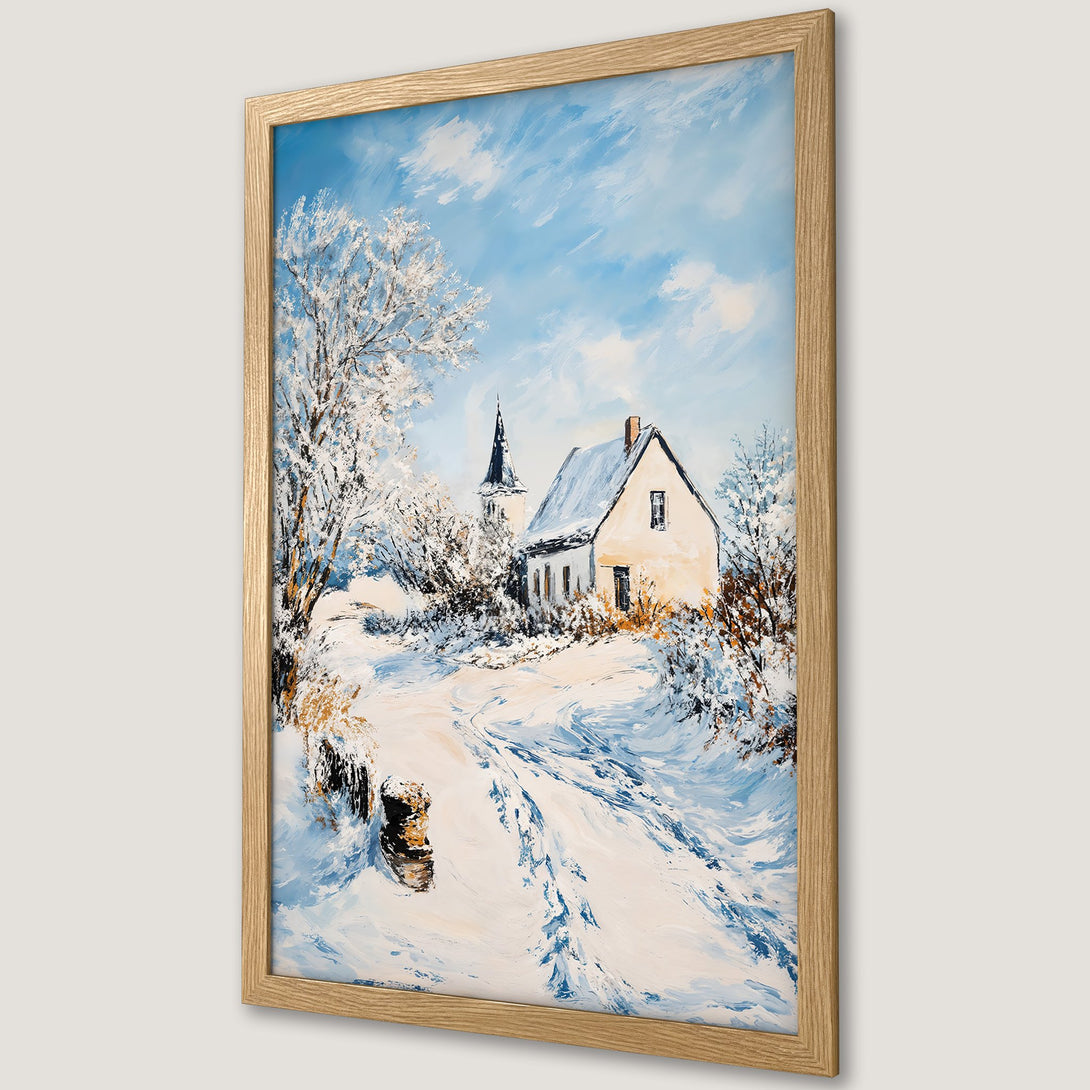 Framed Poster of a winter landscape painting. Features a snowy scene with a house, blue sky, and cool color palette. Perfect for home decor!