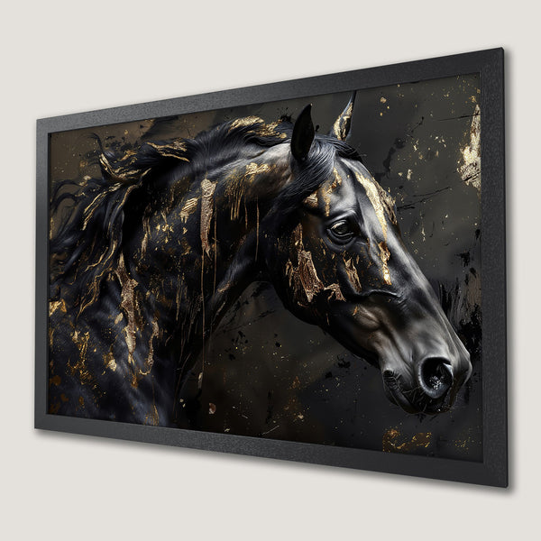 Framed Poster: Majestic black horse art with gold accents. Modern, elegant design in a black and gold color palette. Perfect wall decor.