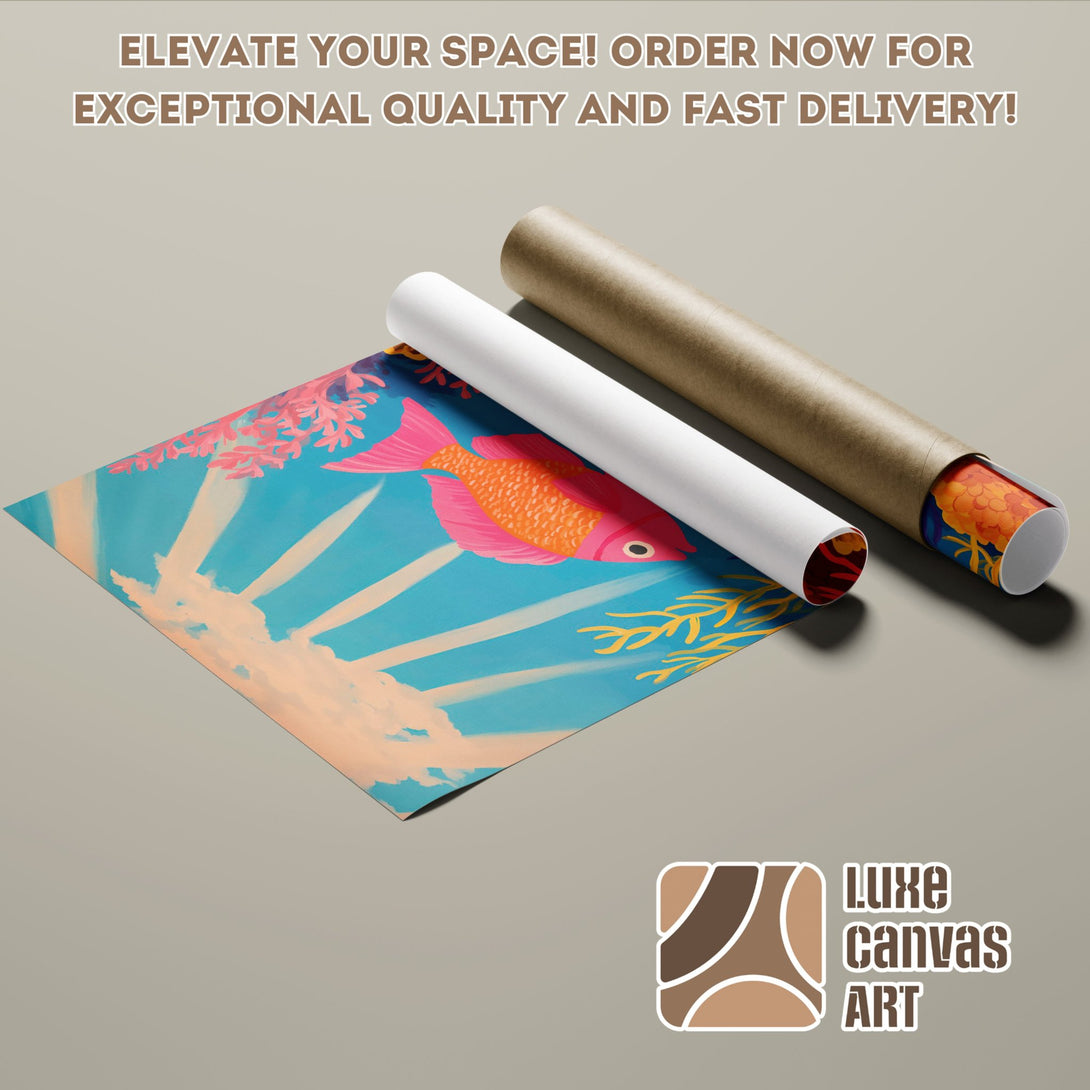 Poster Roll featuring a vibrant fish art print, colorful blue, orange, and pink palette.