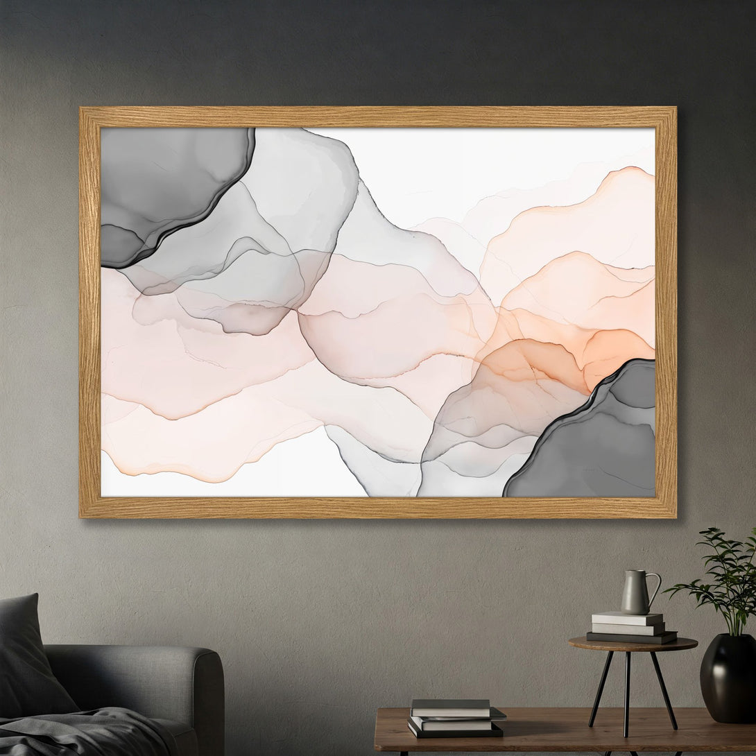 Framed Poster featuring abstract watercolor art in a neutral color palette of gray, peach, and white. Modern wall decor.