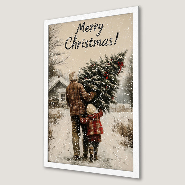Framed Poster: Vintage Christmas scene with father & child carrying tree, snowy landscape, warm tones. Perfect holiday decor!