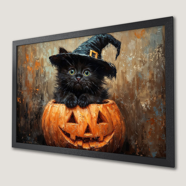 Framed Poster: Adorable black cat in a witch hat inside a pumpkin, oil painting style, warm orange & brown tones, perfect Halloween decor.