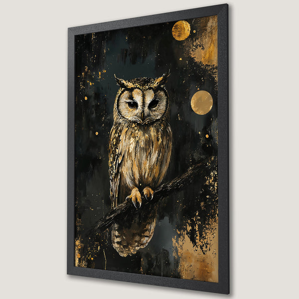 Framed Poster featuring a majestic owl on a branch. Artistic style with a dark, gold, and brown color palette. Perfect wall art for any room.