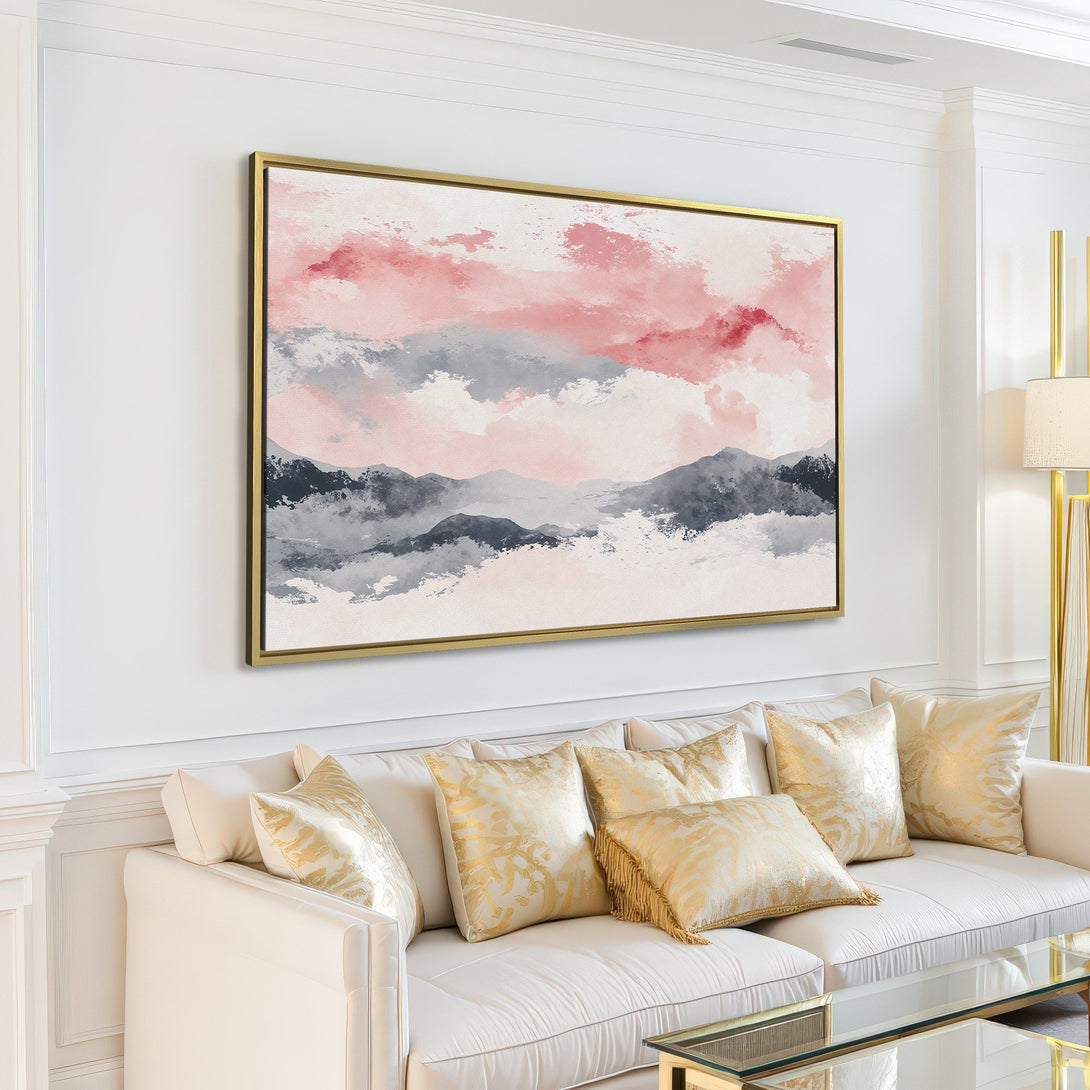 Abstract landscape Canvas Print in blush pink, gray, and white. Modern art for a serene living room.