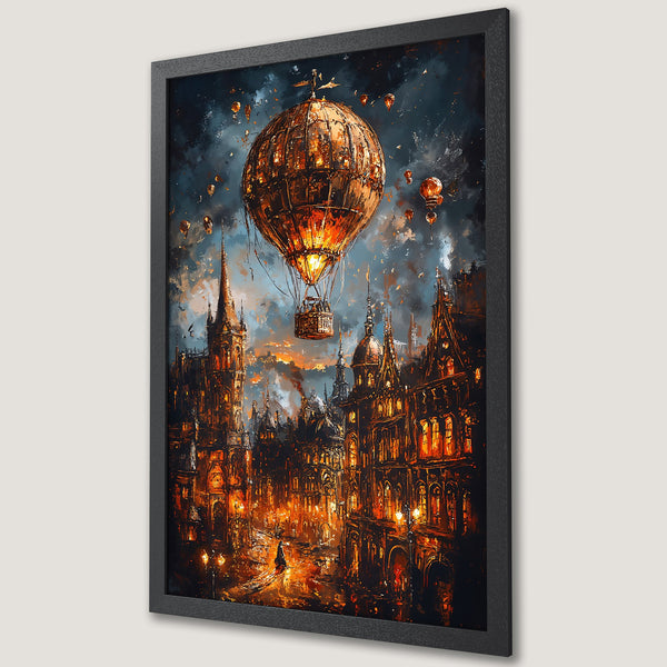 Framed Poster featuring a steampunk city with a hot air balloon. Dark, dramatic artwork with warm orange and cool blue tones.