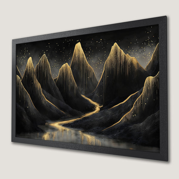 Framed Poster featuring a stunning mountain landscape in a modern style. Black and gold color palette creates a luxurious, artistic feel.