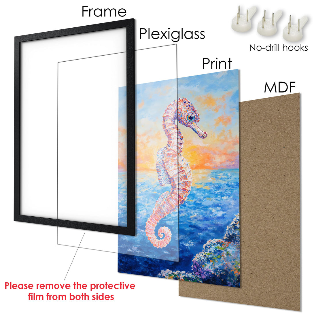Framed Poster of a seahorse in an impressionistic style with a warm, ocean-themed color palette. Perfect wall art!