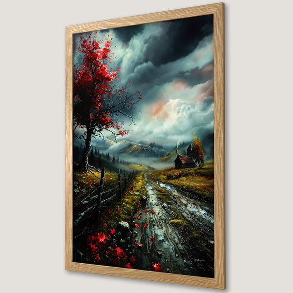 Framed Poster of a dramatic landscape with a red tree, moody sky, and a cabin. Beautiful artwork in a natural color palette.