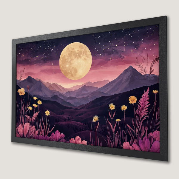 Framed Poster: Moonlit mountain landscape art print in purple, pink, and yellow. Perfect wall decor for any room.