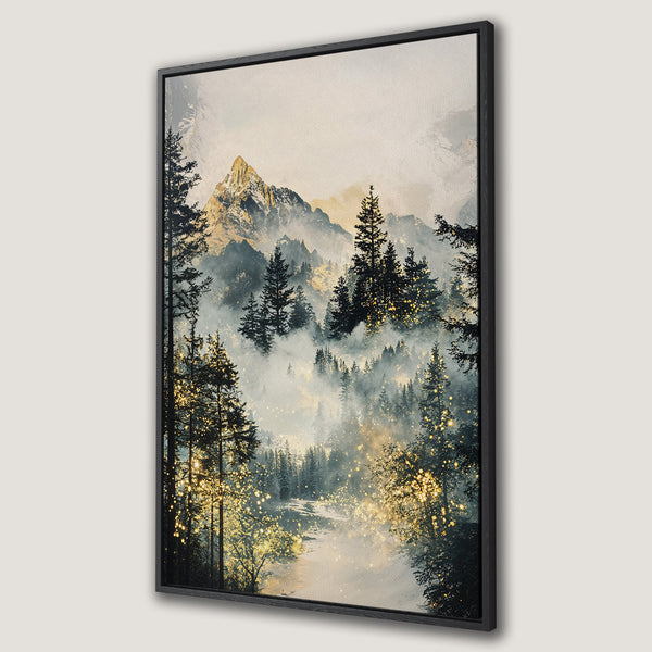 Framed Wall Art: Mountain landscape Canvas Print in muted tones. Forest scene with golden highlights, perfect for adding a touch of nature to your home decor.
