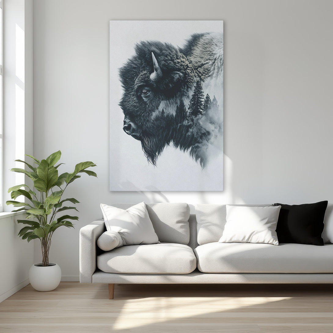 Framed Wall Art featuring a majestic bison in black and white, adding a touch of nature and elegance to any interior.