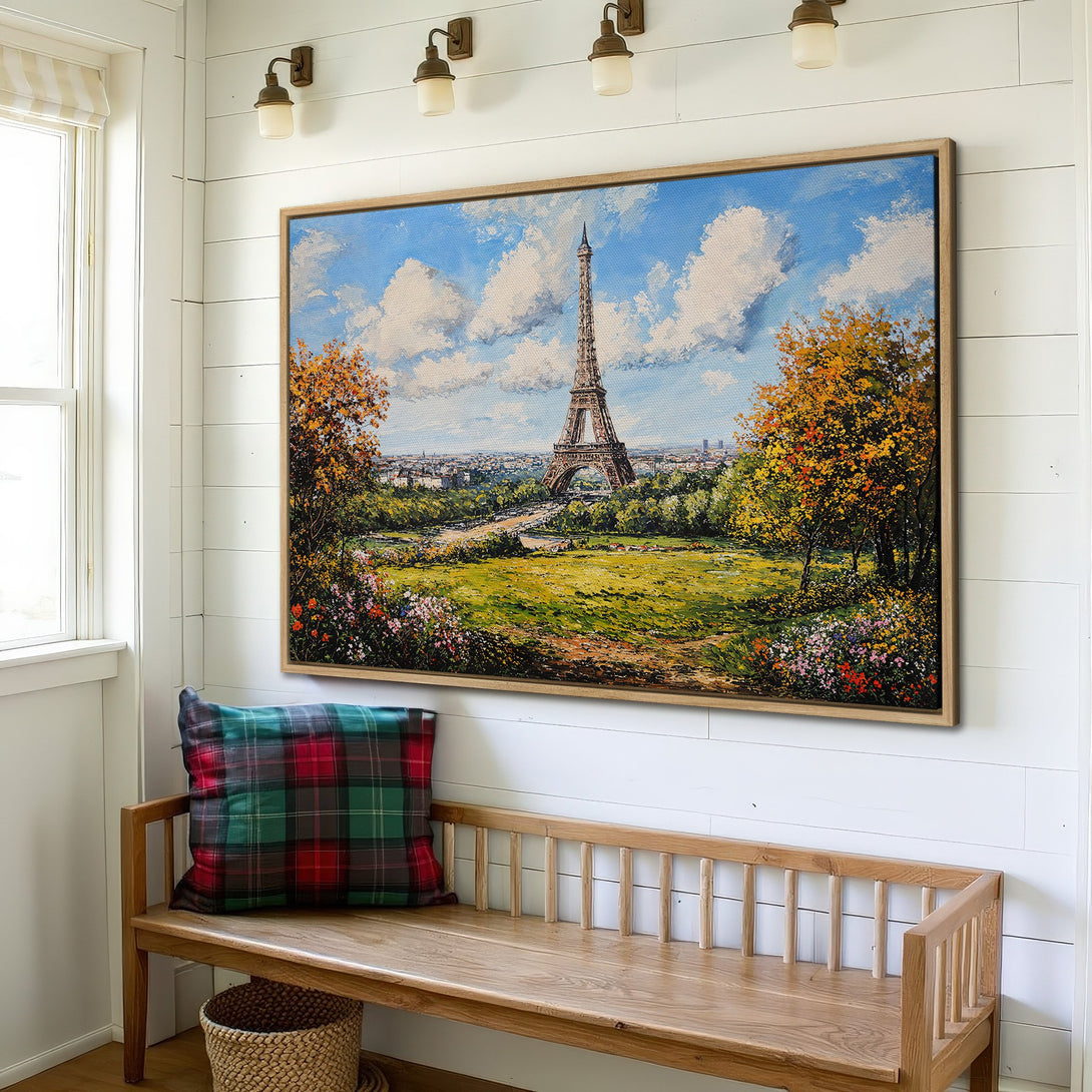 Framed Wall Art: Impressionist Paris scene with Eiffel Tower, vibrant blue sky & autumn colors. Add a touch of Parisian charm to your space!