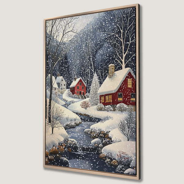 Framed Wall Art: Winter landscape Canvas Print with red houses, snowy river, and trees. Cozy art in a blue, white, and red color palette. Perfect for home decor.