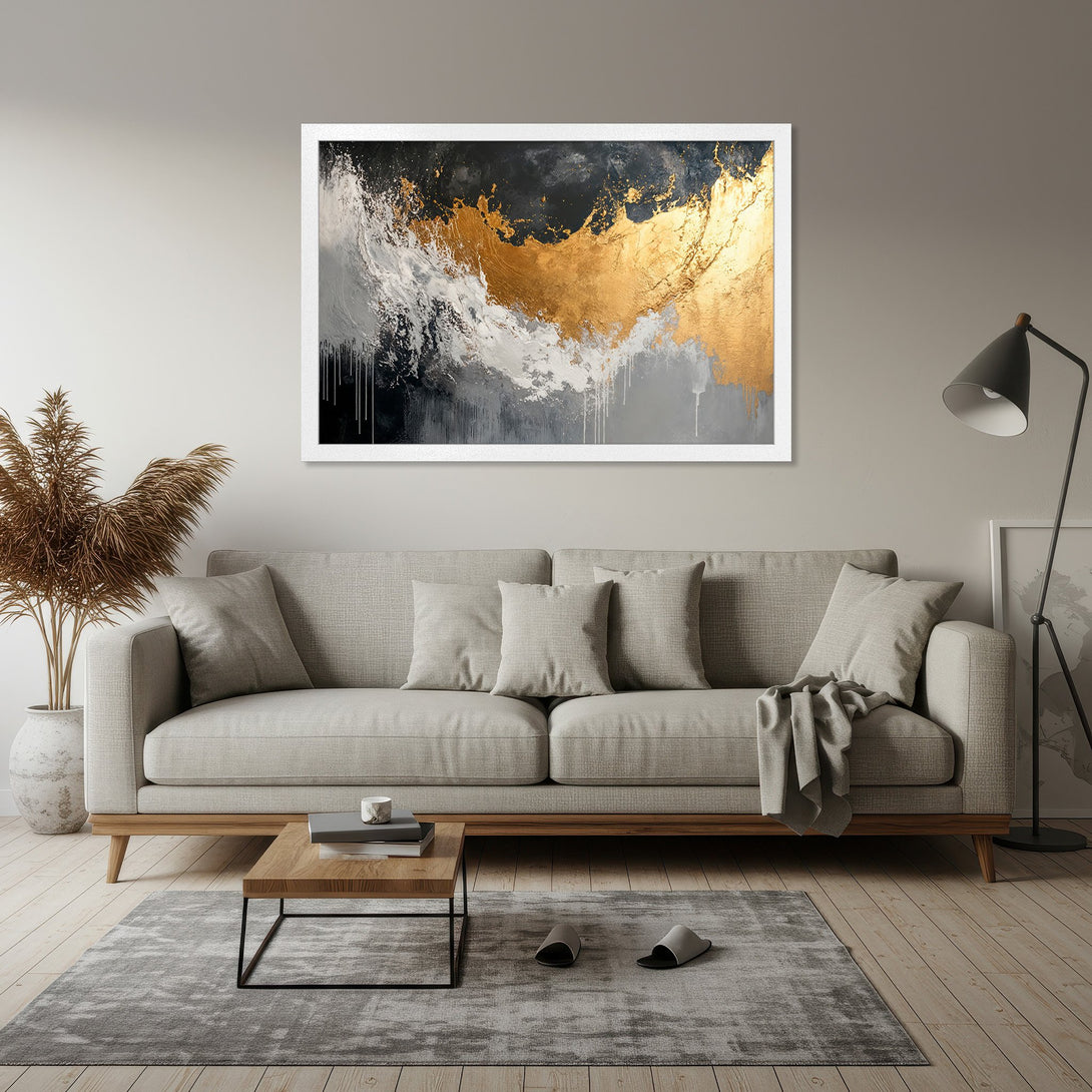 Framed Poster featuring abstract gold, black, and white art. Modern style with a neutral color palette. Perfect for home decor.