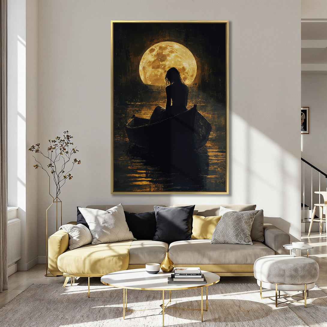 Canvas Print: Silhouette of a woman in a boat under a full moon. Moody, romantic art with a warm, golden color palette. Perfect wall decor.