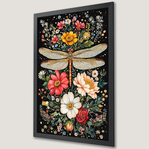 Framed Poster featuring a dragonfly and floral arrangement. Watercolor style with vibrant reds, yellows, and greens on a black background.