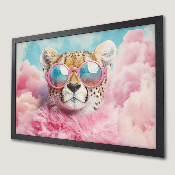 Framed Poster featuring a cheetah wearing sunglasses in a whimsical style with pink and blue color palette. Perfect wall art!