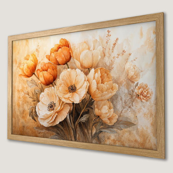 Framed Poster featuring watercolor floral art in warm orange and beige tones. Perfect for adding a touch of elegance to your space.