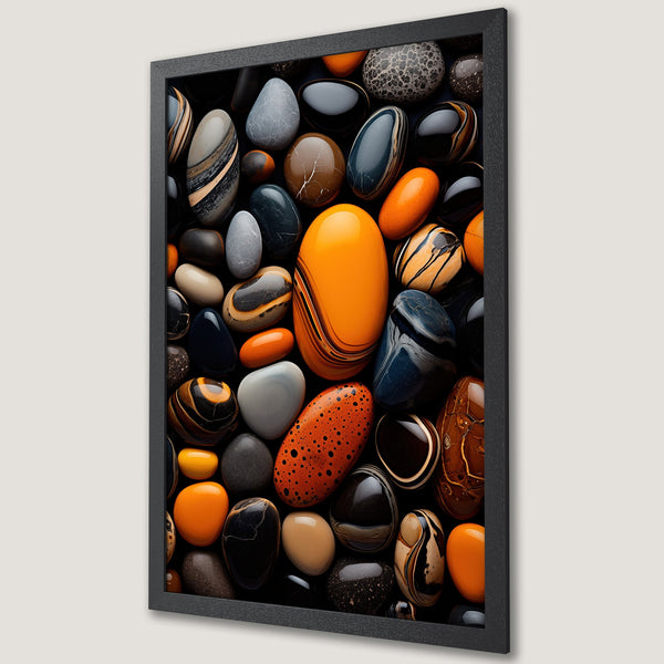 Framed Poster featuring vibrant, abstract pebbles in orange, black, and brown tones. Modern art style for home decor.