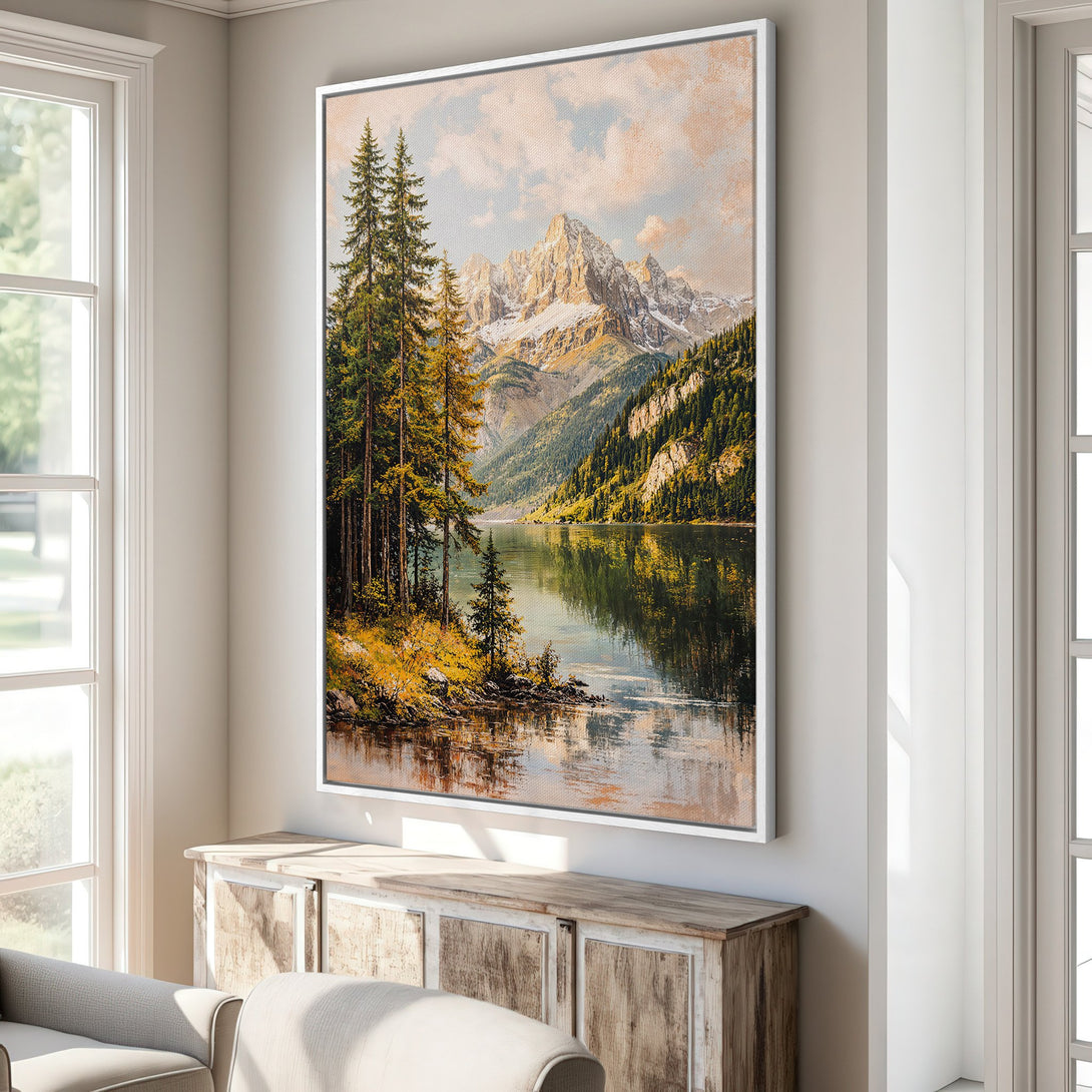 Framed Wall Art: Majestic mountain landscape Canvas Print in warm tones. Bring nature's beauty indoors with this stunning artwork, perfect for any interior.
