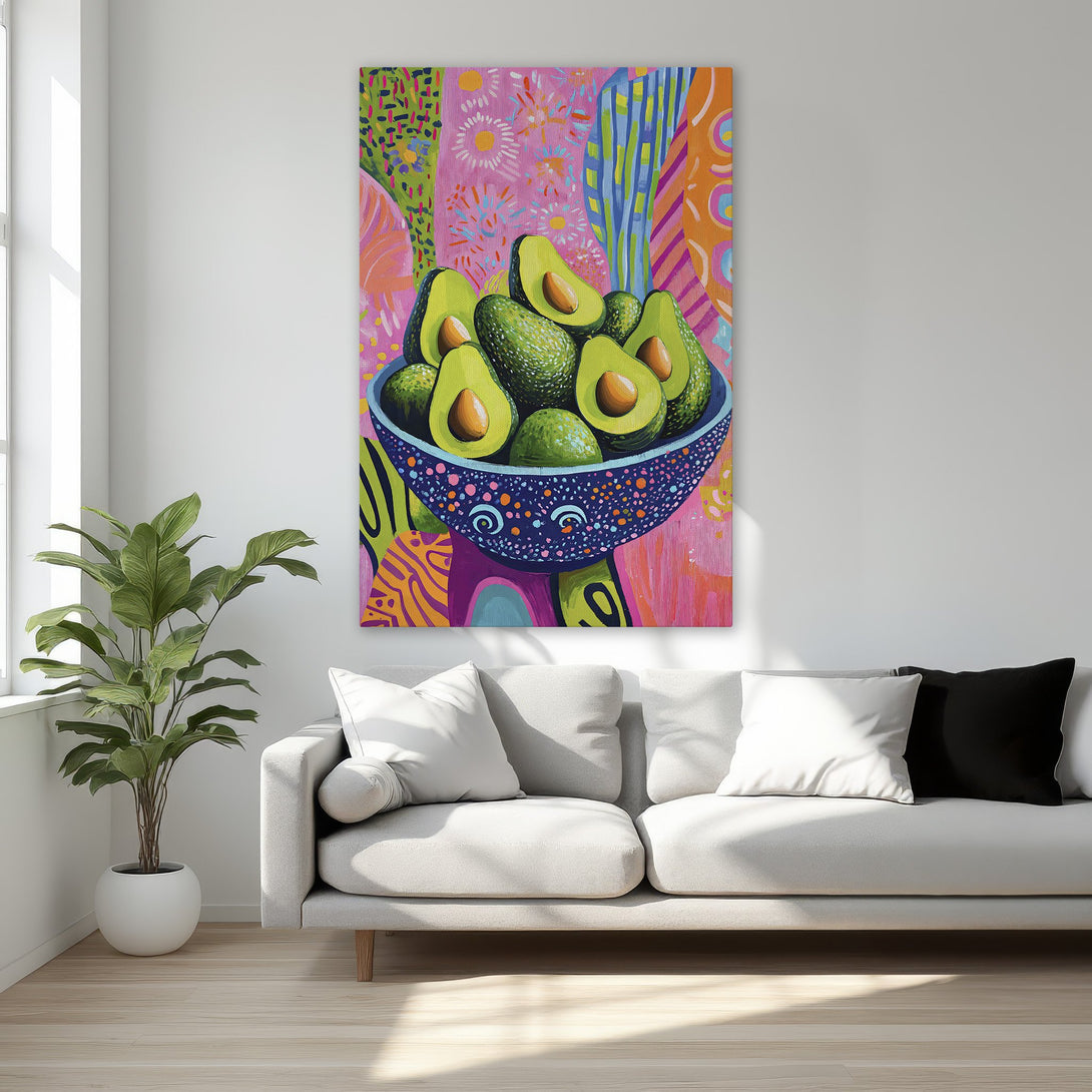 Framed Wall Art: Vibrant avocado painting in a colorful, abstract style. Adds a pop of color to any room! Perfect for kitchen or dining area.
