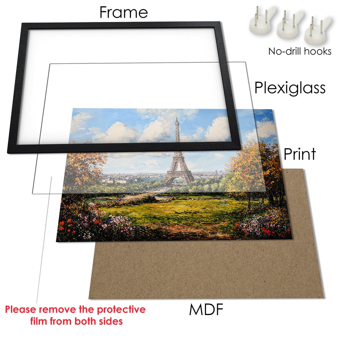 Framed Poster of Eiffel Tower landscape art. Impressionist style, vibrant colors. Perfect wall decor!