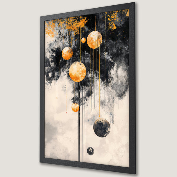 Framed Poster featuring abstract art with celestial orbs, a black, orange, and grey color palette. Modern wall art for your home decor.
