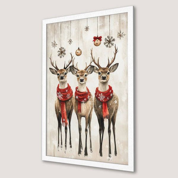 Framed Poster featuring watercolor reindeer with red scarves, festive holiday decor. Neutral color palette. Perfect wall art!