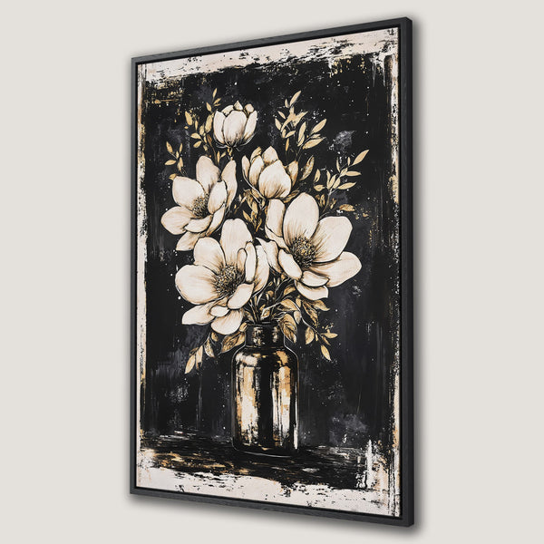 Framed Wall Art featuring elegant floral art in a modern, black and gold color palette. Perfect for adding sophistication to any space.