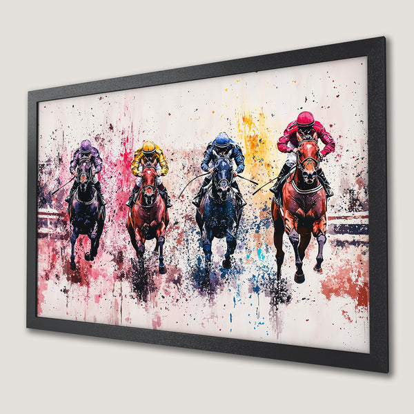 Framed Poster of horse race art with vibrant colors and a watercolor style. Perfect for home decor!