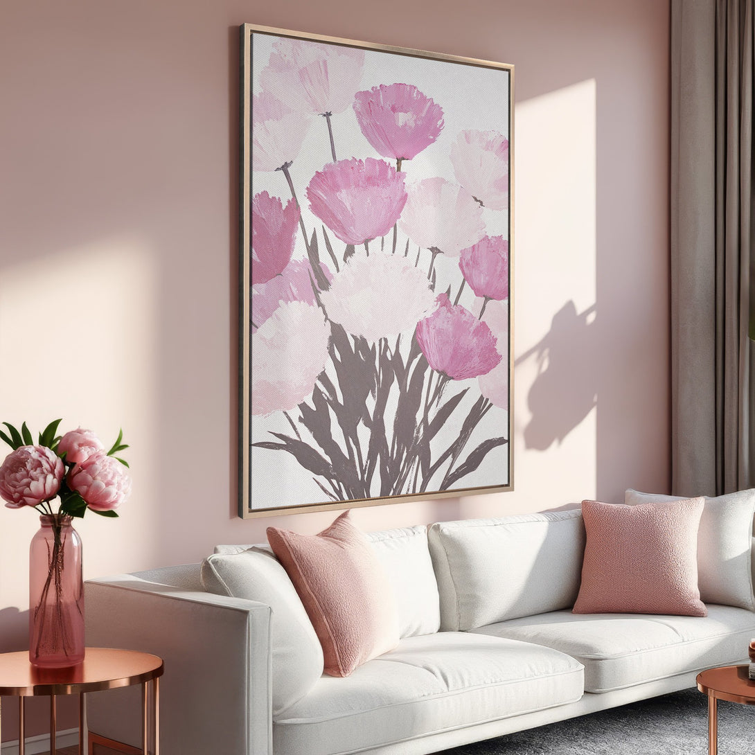 Framed Wall Art featuring pink floral art in a modern style. Perfect for adding a touch of elegance to your living room!