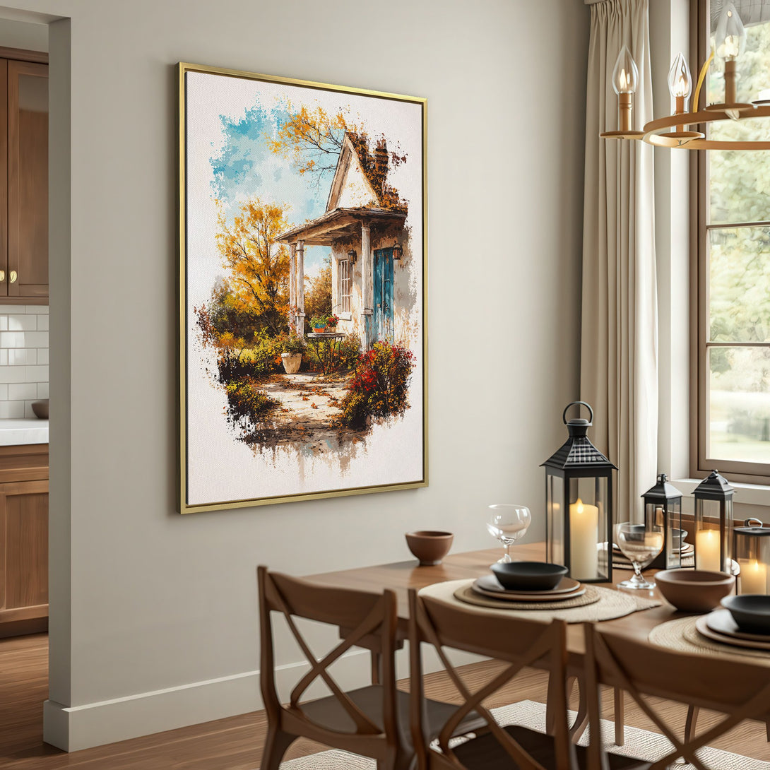 Canvas Print of a charming cottage painting in warm, earthy tones. Rustic style wall art perfect for adding a cozy touch to your home.