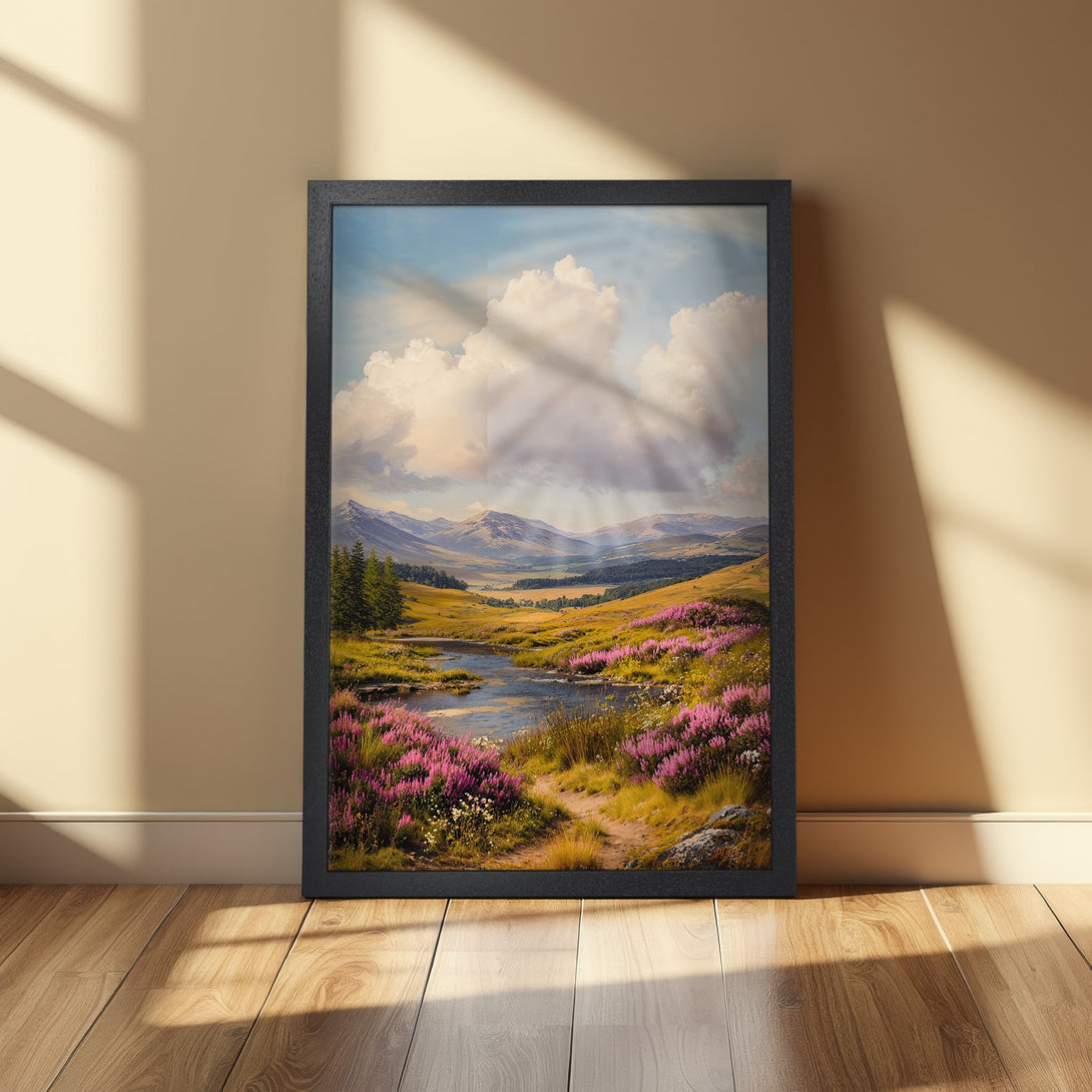 Framed Poster of a serene landscape painting with a river and mountains, featuring a natural color palette. Add art to your home!