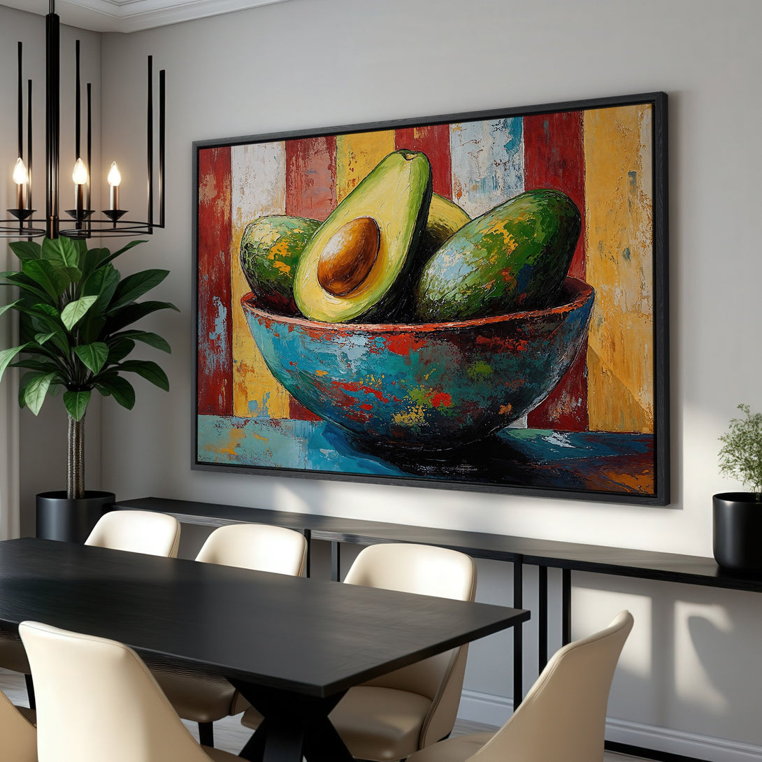 Framed Wall Art: Vibrant avocado still life painting with a colorful, abstract background. Adds a pop of color to any dining room!