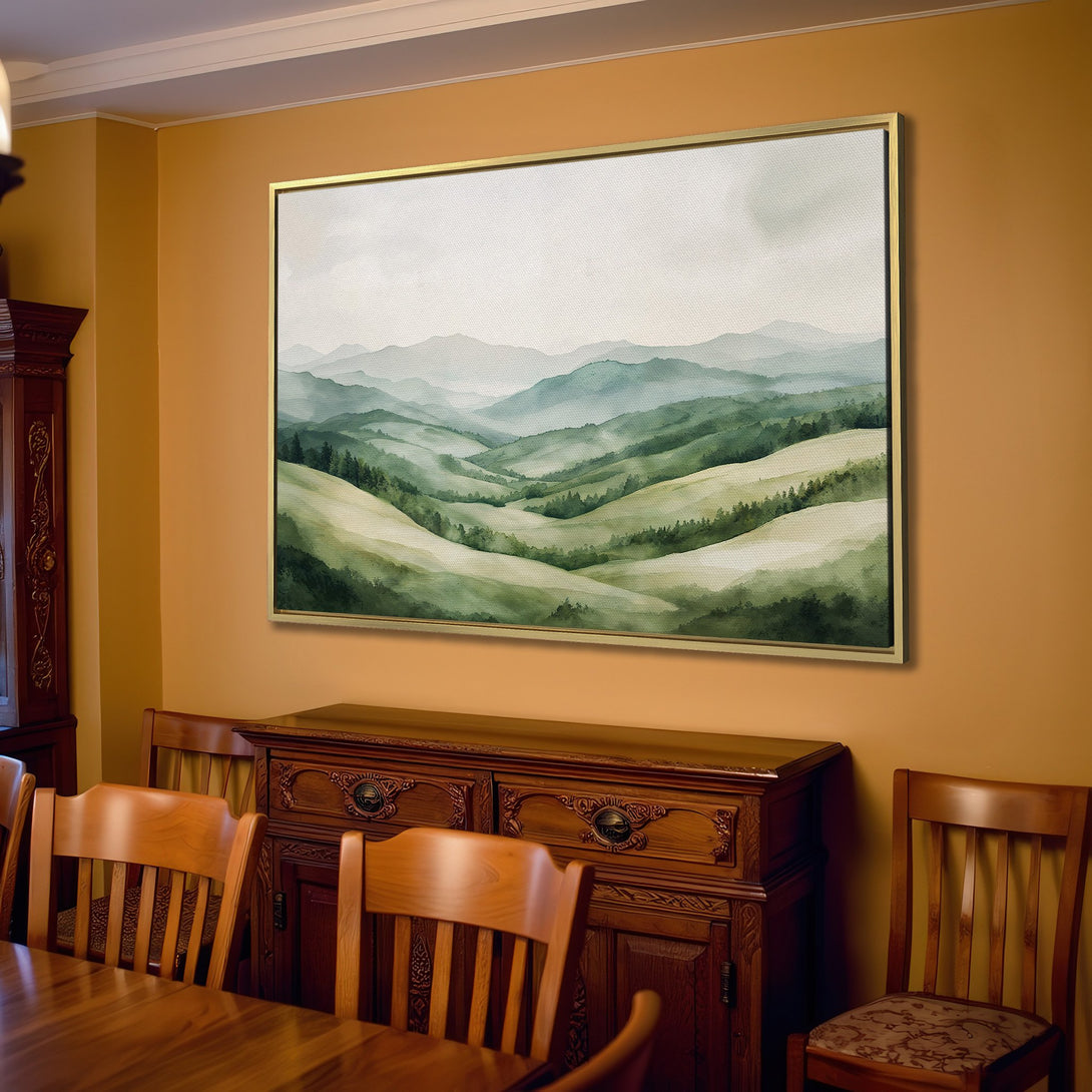 Canvas Print of a serene mountain landscape in watercolor style, featuring green and blue hues. Perfect for adding a touch of nature to your home.