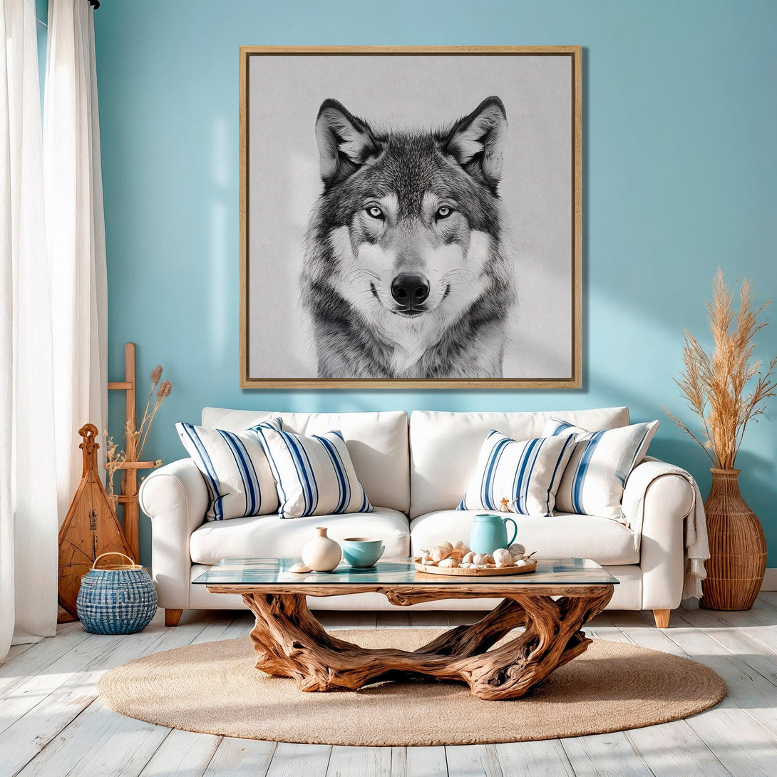 Framed Wall Art featuring a majestic wolf portrait in black and white. Modern, minimalist style with a neutral color palette, perfect for any home decor.