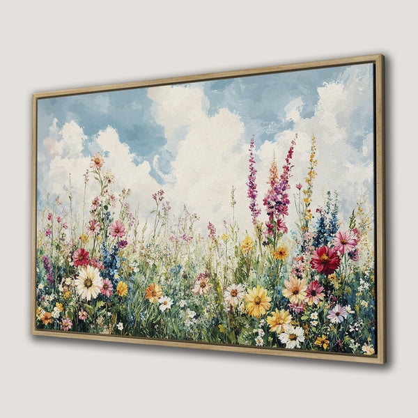 Framed Wall Art of a vibrant wildflower meadow painting. Impressionistic style with a colorful palette of blues, greens, pinks, and yellows.