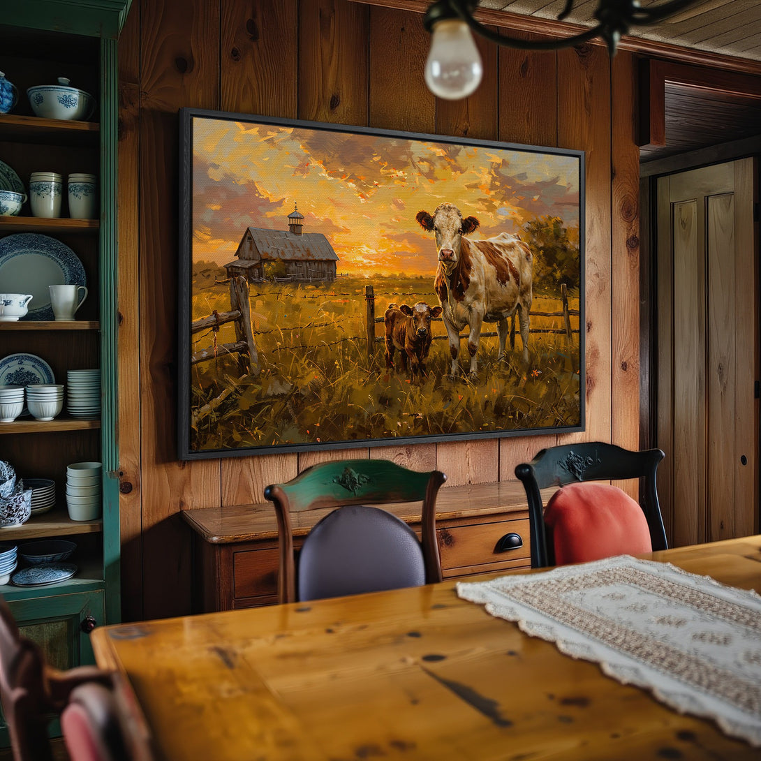 Framed Wall Art: Rustic cow painting with warm sunset hues. Perfect for farmhouse decor. Enhance your space with this beautiful canvas print.