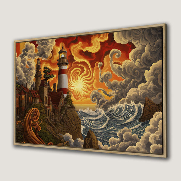 Canvas Print of a dramatic lighthouse scene, featuring a warm red and orange sunset. Coastal art in a vintage, illustrative style.