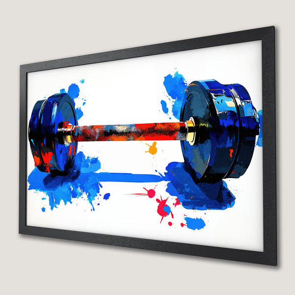Framed Poster of a stylized dumbbell, vibrant blue, red, and orange paint splash art, perfect for gym decor.
