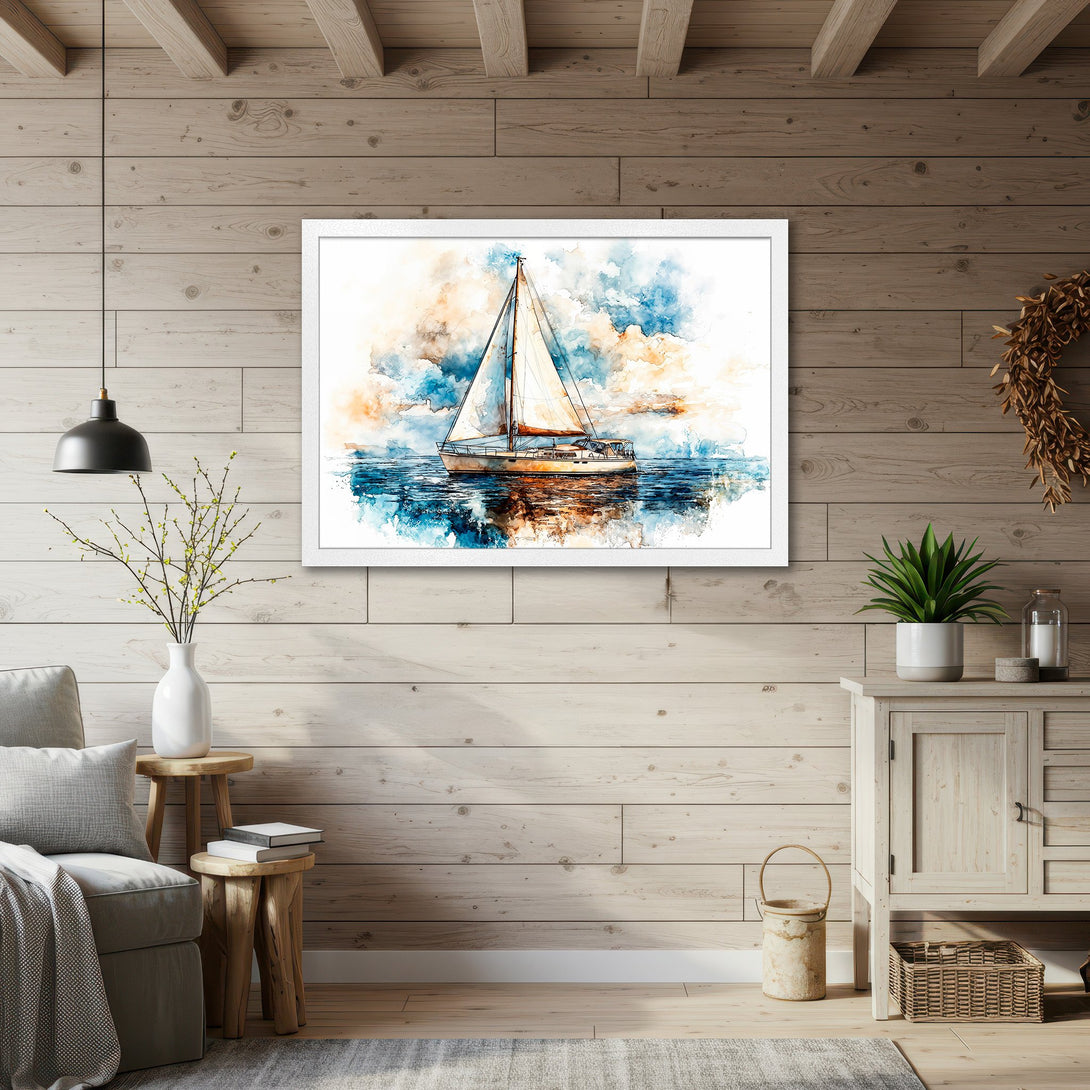 Framed Poster of a sailboat in watercolor style, featuring blue, beige, and white hues. Coastal art for your home!