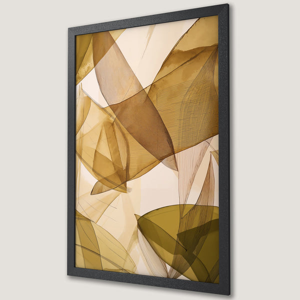 Framed Poster featuring abstract art with flowing shapes in a warm, earthy color palette of browns and yellows. Modern wall decor.