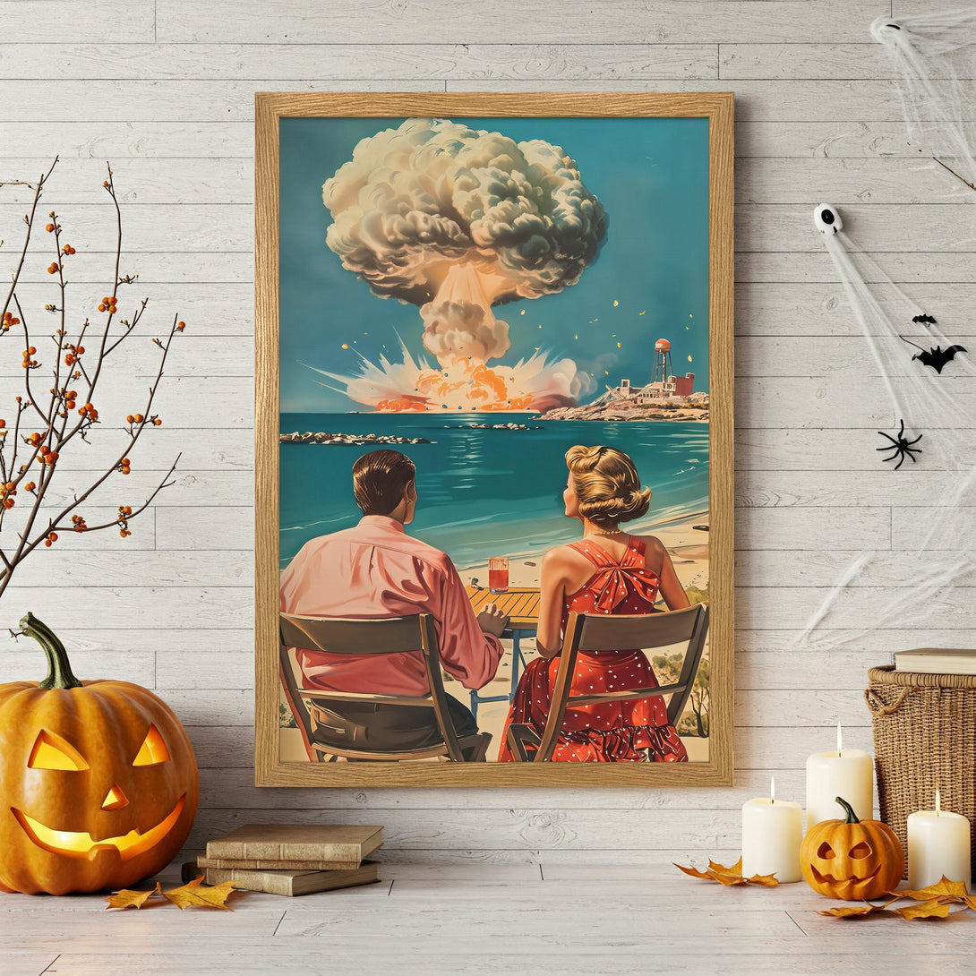 Framed Poster featuring a retro couple watching an explosion. Vibrant colors with a vintage, pop art style. Perfect wall art!