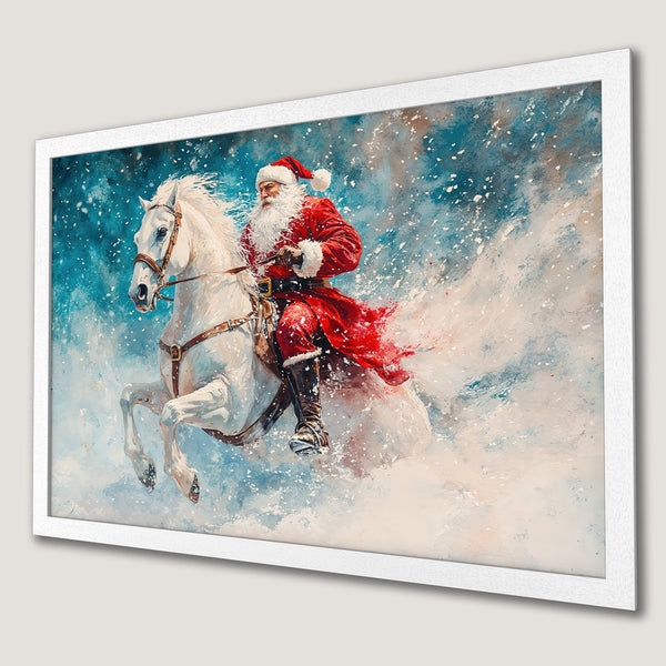 Framed Poster of Santa Claus riding a white horse in a winter scene. Artistic style with blue, red, and white color palette. Perfect Christmas decor!