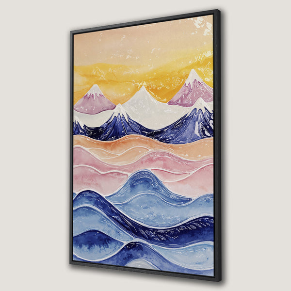 Framed Wall Art featuring an abstract watercolor landscape with mountains and waves in a warm, pastel color palette. Add a touch of serenity to your space.