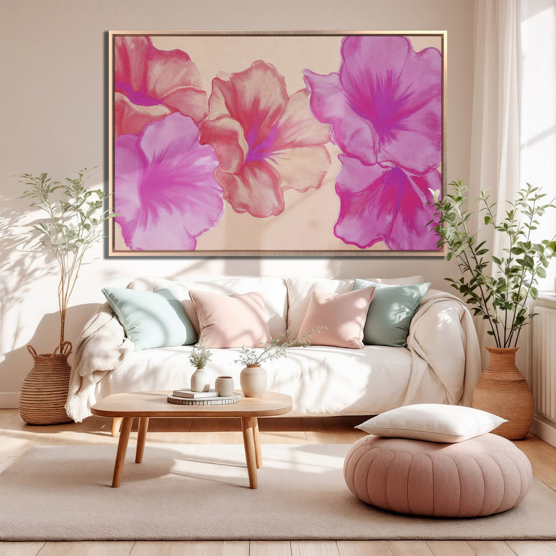 Framed Wall Art featuring vibrant pink floral art. Modern, abstract style with a warm, neutral color palette. Perfect for adding a pop of color to any room.